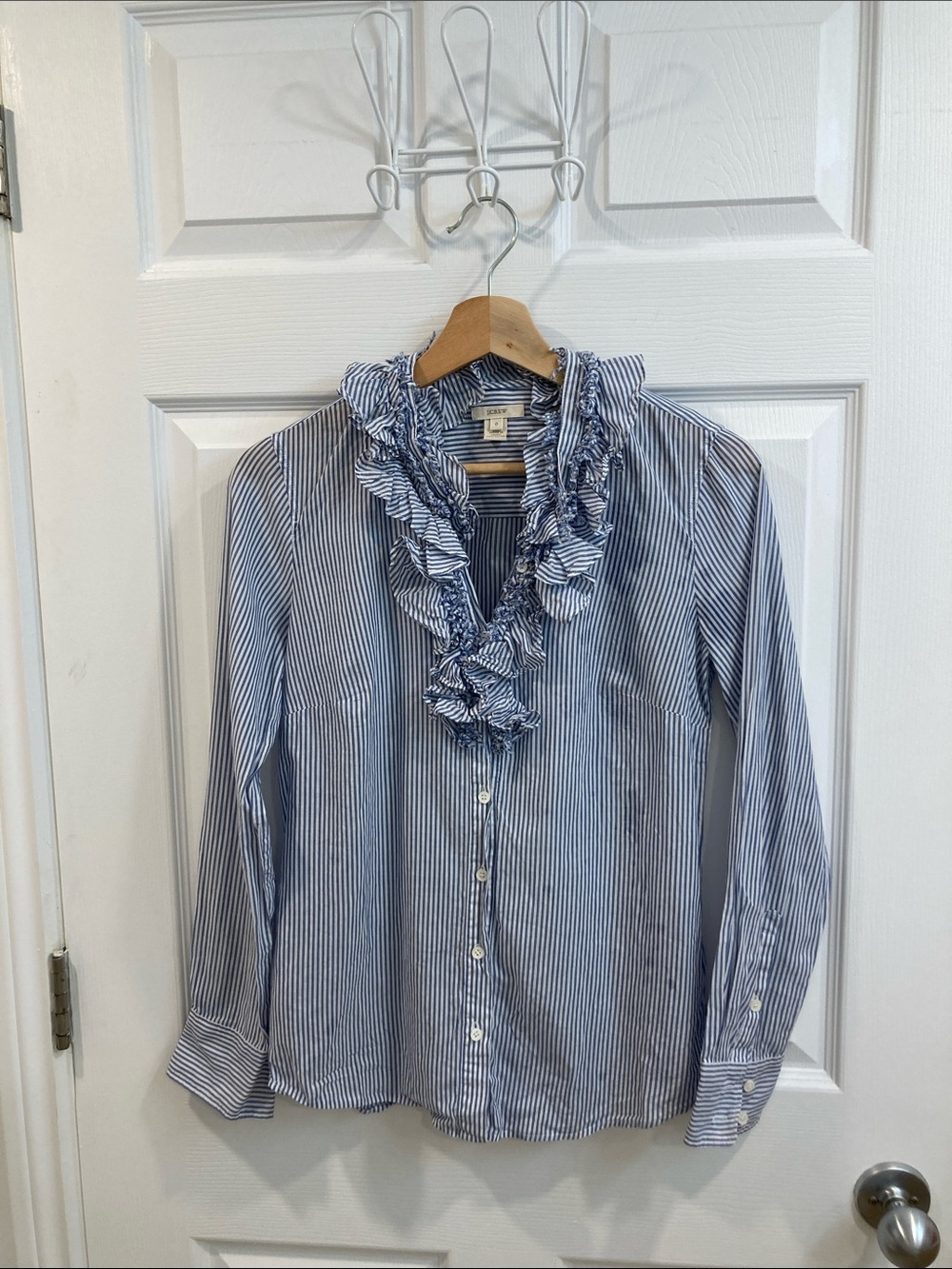 J. Crew Blue and White Ruffled V-Placket Stripe Blouse